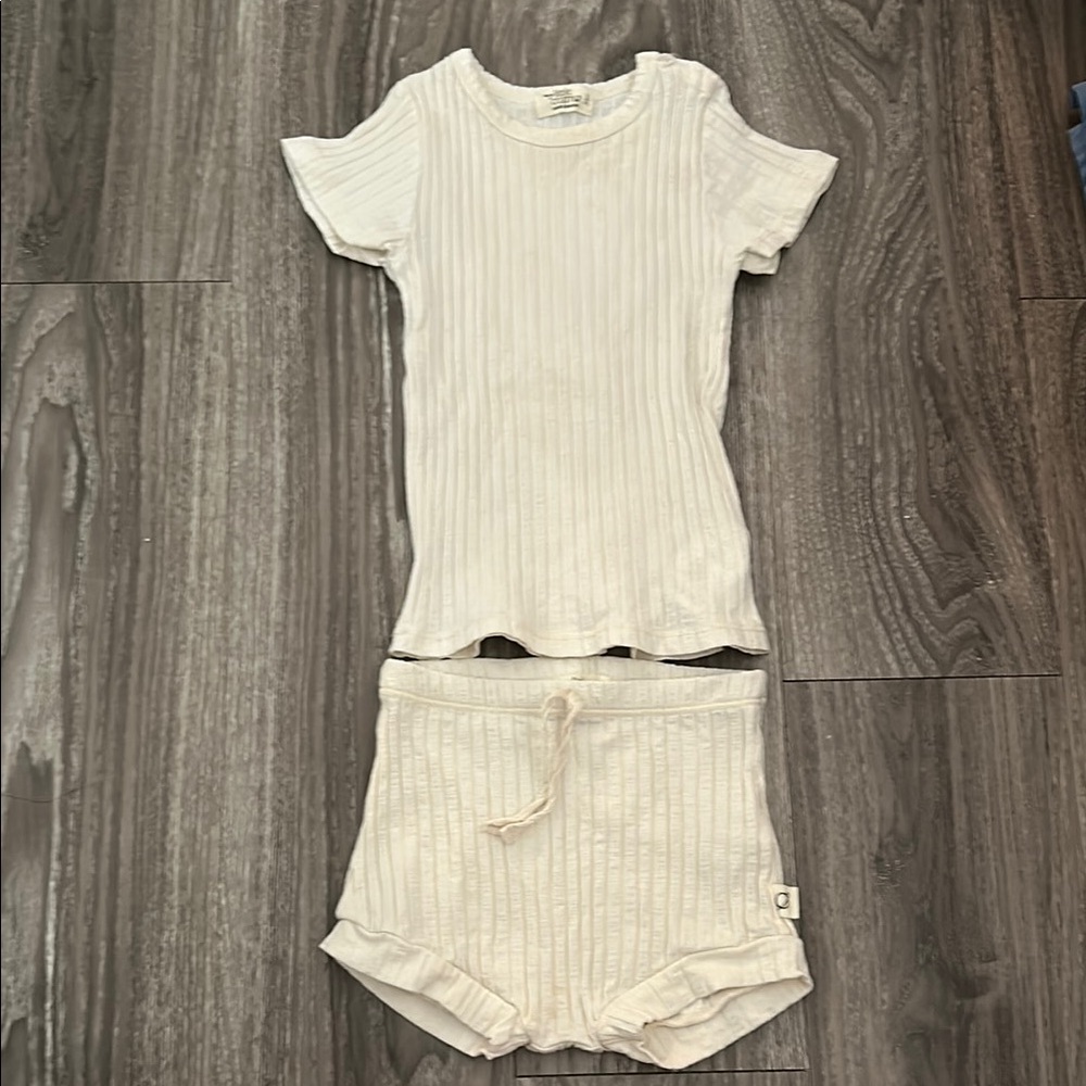 Kids Ribbed Short Sleeve Top and Shorts Matching Set in Cream